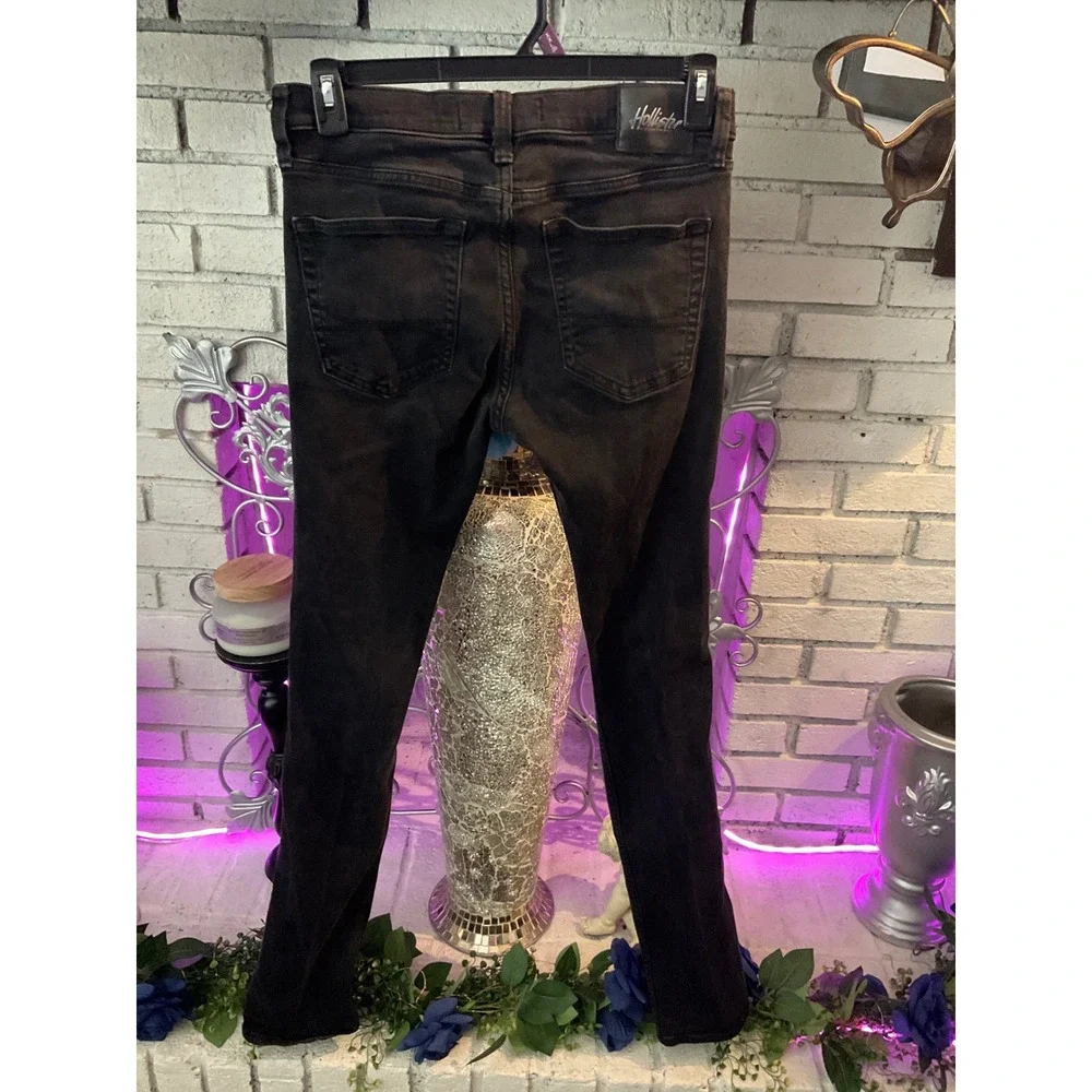 Hollister Mens Stacked Skinny Distressed Black Ripped Jeans 33x32 Advanced